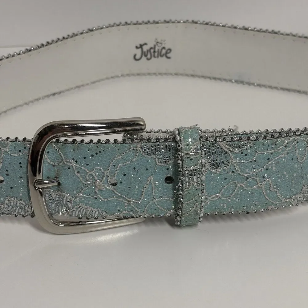 Vtg Y2K Justice Belt Girls Mint Green Silver Buckle Lace Western Dolly Parton